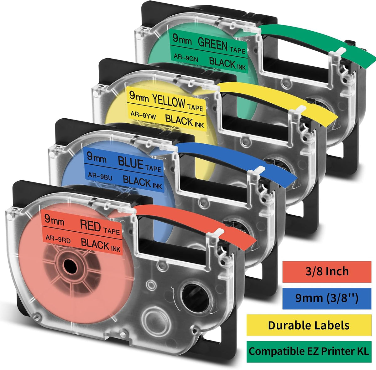 4-Pack Replace for Casio Label It Tape Cartridge 9mm White Laminated XR-9WE | Compatible with Casio Label Maker Tape 9mm XR-9WE2S for EZ Label Printer KL-60 KL750B KL-780 KL-120 KL-100 KL750 KL820 KL7200