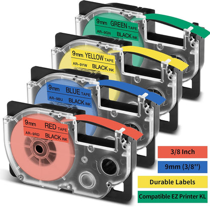 4-Pack Replace for Casio Label It Tape Cartridge 9mm White Laminated XR-9WE | Compatible with Casio Label Maker Tape 9mm XR-9WE2S for EZ Label Printer KL-60 KL750B KL-780 KL-120 KL-100 KL750 KL820 KL7200