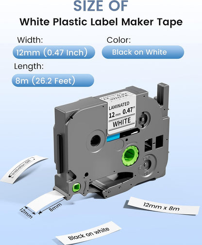 TZe Label Maker Tape 12mm 0.47" White Laminated Replacement for Brother P-Touch Label Tape TZe-231 TZe231 Compatible with Brother Ptouch PTD210 PT-D220 PTH110 PT-D400, 4-Pack