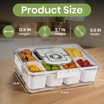 Chilled Snacklebox with Ice Pack, 8 Compartment Snack Box. | Snap On Lids, Air Tight Seal, Portable Handle, Smart Drain with Reusable Ice Pack Snack Serving Tray Container for Picnics