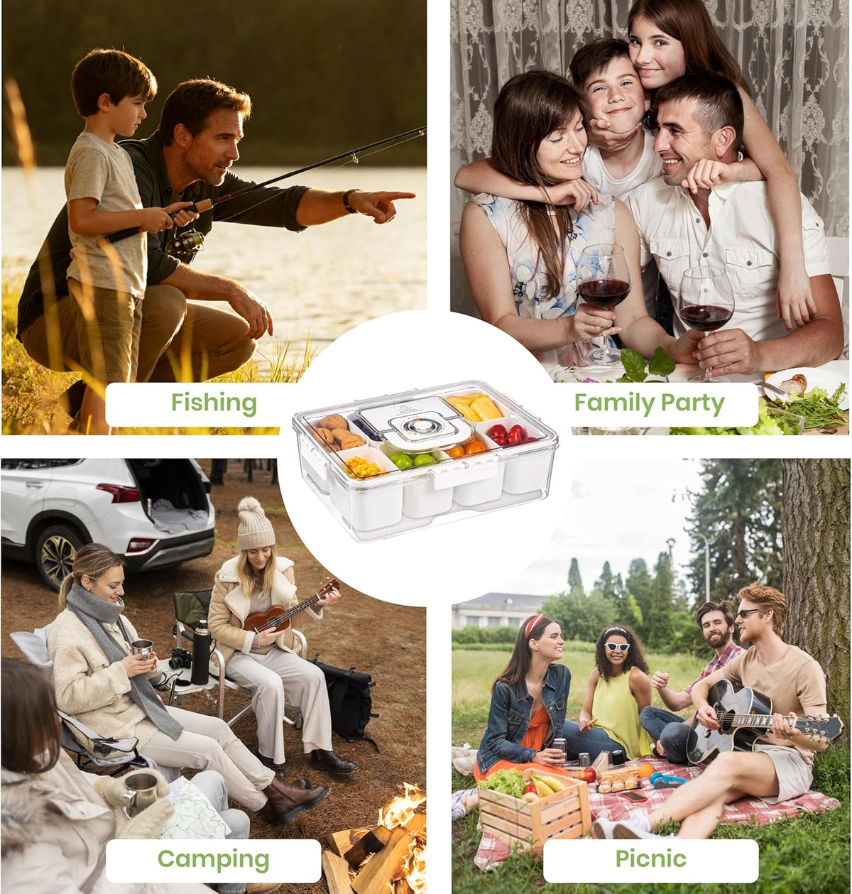 Chilled Snacklebox with Ice Pack, 8 Compartment Snack Box. | Snap On Lids, Air Tight Seal, Portable Handle, Smart Drain with Reusable Ice Pack Snack Serving Tray Container for Picnics
