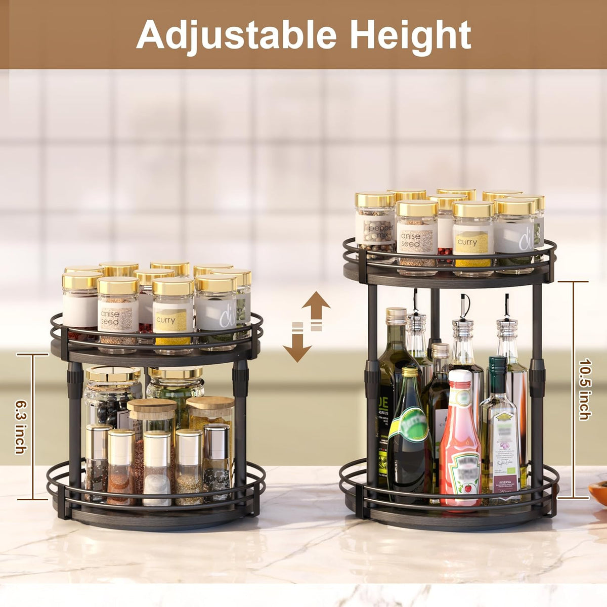 Across-Star Lazy-Susan-Organizer-Spice-Rack, Rotating Spice Organizer For Cabinet Pantry, Seasoning Holder Spice Shelf With Adjustable Height, Kitchen Counter Shelf Countertop Organizer