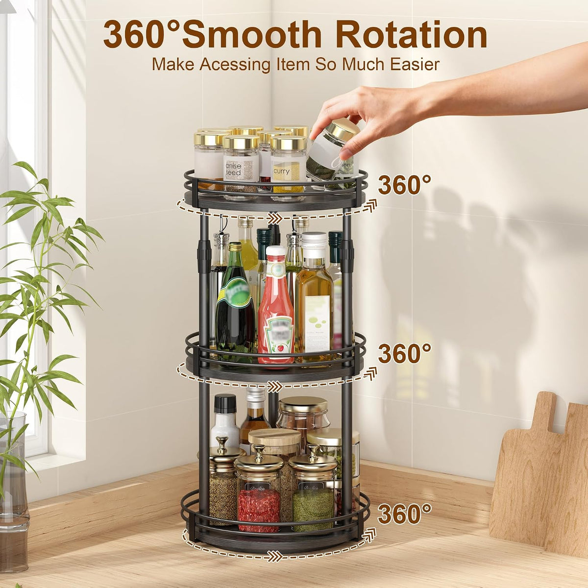 Across-Star Lazy-Susan-Organizer-Spice-Rack, Rotating Spice Organizer For Cabinet Pantry, Seasoning Holder Spice Shelf With Adjustable Height, Kitchen Counter Shelf Countertop Organizer