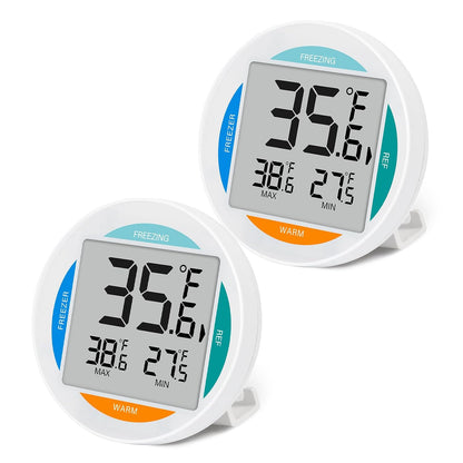2 Pack Small Digital Refrigerator Thermometer, IP65 Waterproof Fridge Freezer Thermometer with Large LCD Screen, Max Min Record, Magnetic Back & Stand Design for Home Kitchen Commercial Use