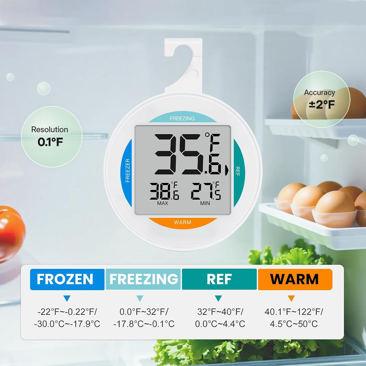 2 Pack Small Digital Refrigerator Thermometer, IP65 Waterproof Fridge Freezer Thermometer with Large LCD Screen, Max Min Record, Magnetic Back & Stand Design for Home Kitchen Commercial Use