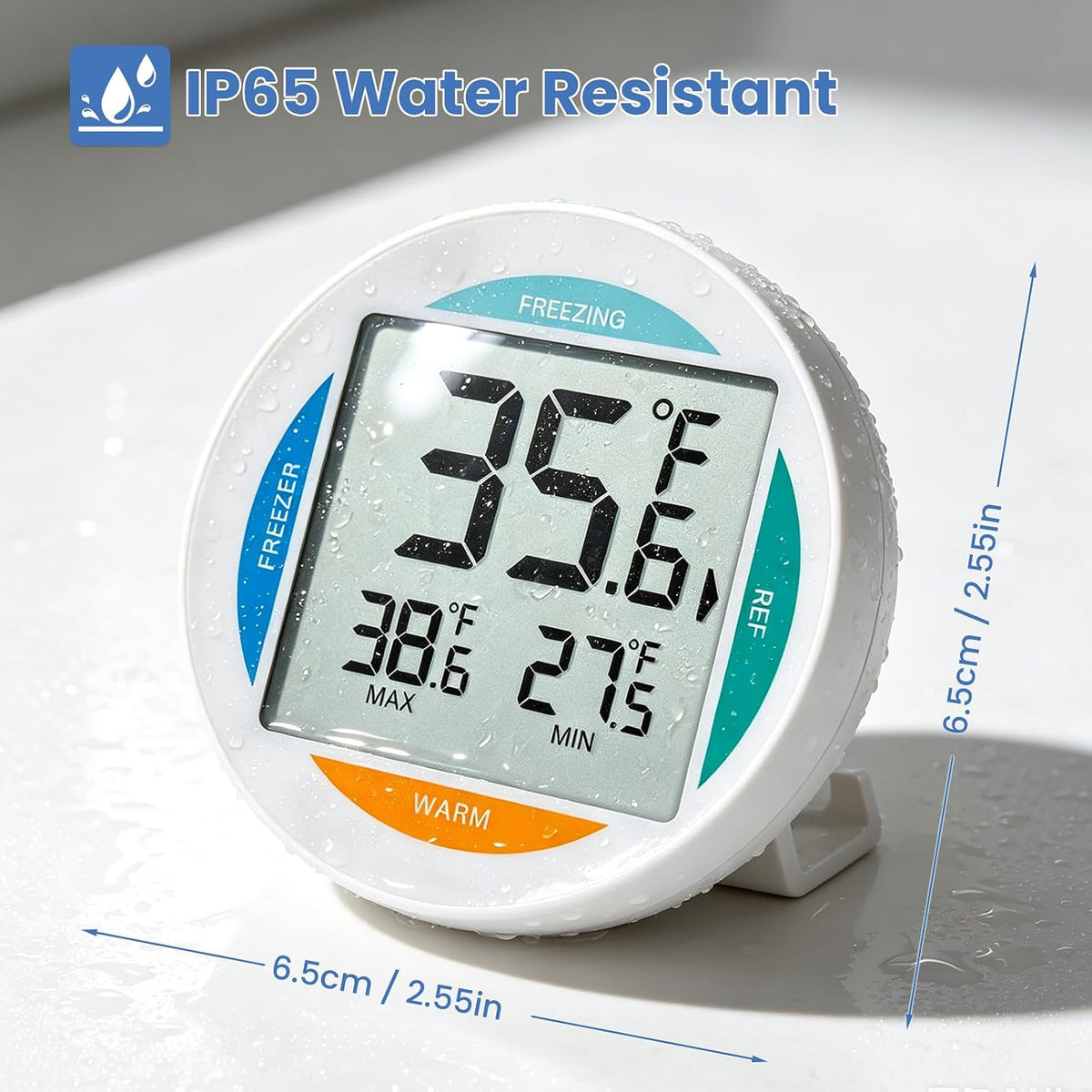 2 Pack Small Digital Refrigerator Thermometer, IP65 Waterproof Fridge Freezer Thermometer with Large LCD Screen, Max Min Record, Magnetic Back & Stand Design for Home Kitchen Commercial Use
