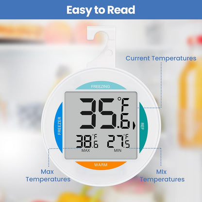 2 Pack Small Digital Refrigerator Thermometer, IP65 Waterproof Fridge Freezer Thermometer with Large LCD Screen, Max Min Record, Magnetic Back & Stand Design for Home Kitchen Commercial Use