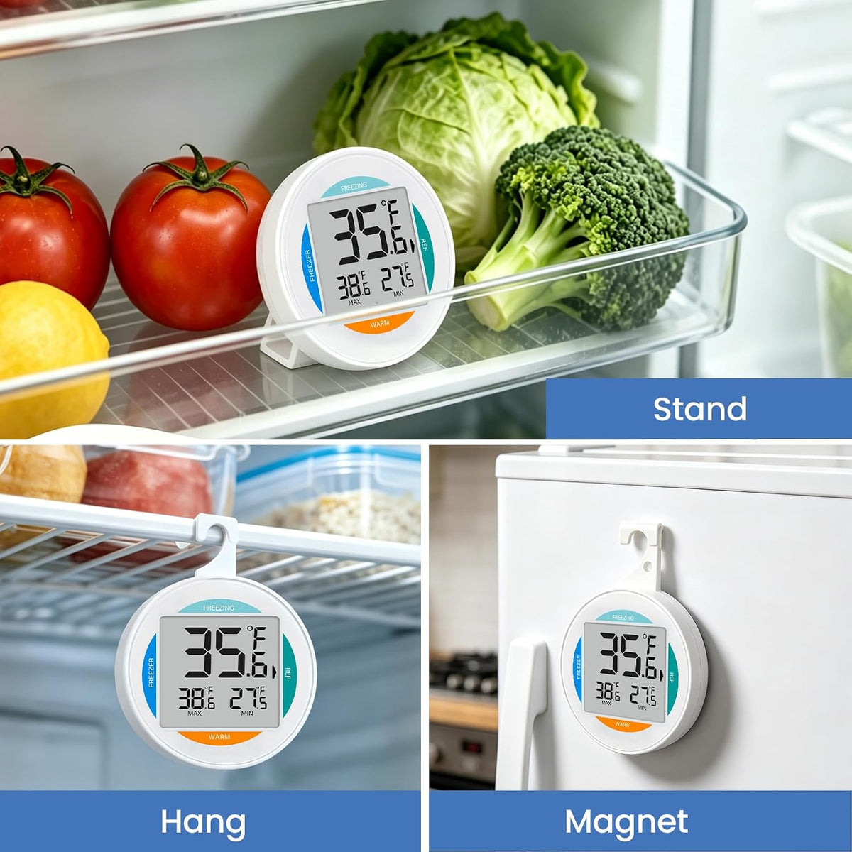 2 Pack Small Digital Refrigerator Thermometer, IP65 Waterproof Fridge Freezer Thermometer with Large LCD Screen, Max Min Record, Magnetic Back & Stand Design for Home Kitchen Commercial Use
