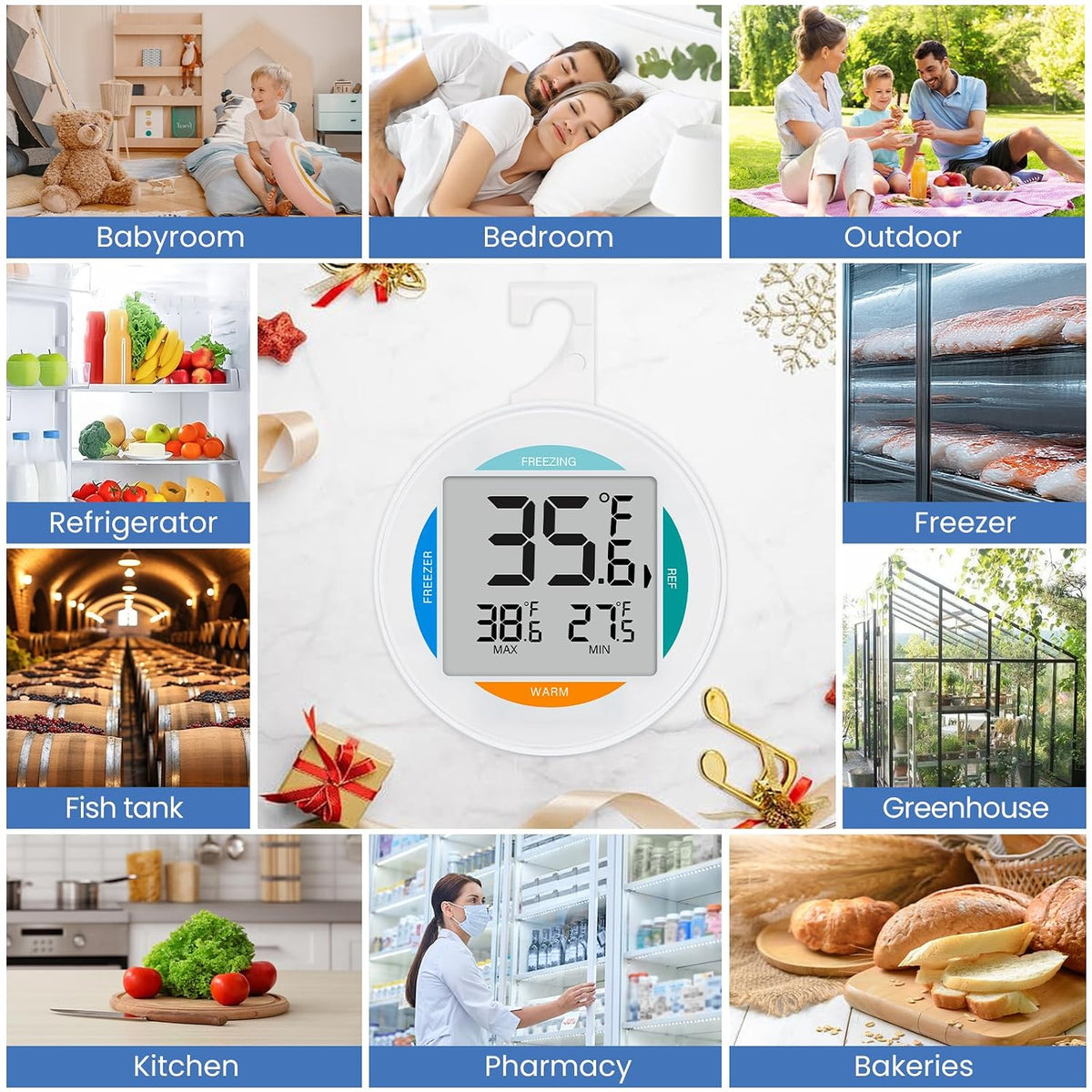2 Pack Small Digital Refrigerator Thermometer, IP65 Waterproof Fridge Freezer Thermometer with Large LCD Screen, Max Min Record, Magnetic Back & Stand Design for Home Kitchen Commercial Use