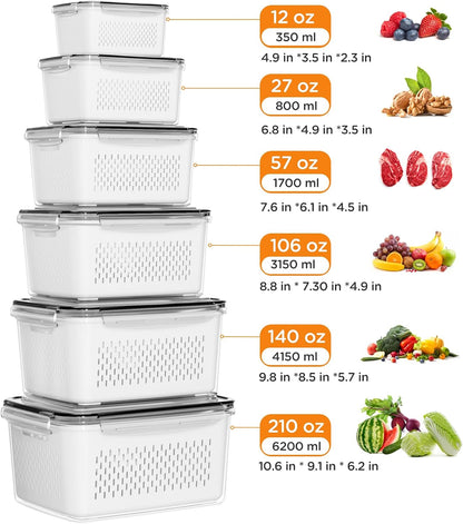 5-Pack Fruit Storage Containers for Fridge with Removable Colanders, 4 in 1 Produce Storage Containers with Lids, Leakproof Fridge Organizer Bins for Salad Berry Lettuce Vegetables Meat Keeper Fresh