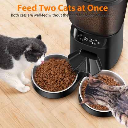 Automatic Cat Feeders for Two Cats, 5L/20 Cups Double Automatic Cat Food Dispenser with 2 Stainless Bowls, Timer Setting 20 Portions 6 Meals Per Day, 10s Meal Call (Black)