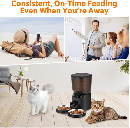 Automatic Cat Feeders for Two Cats, 5L/20 Cups Double Automatic Cat Food Dispenser with 2 Stainless Bowls, Timer Setting 20 Portions 6 Meals Per Day, 10s Meal Call (Black)