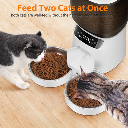 Automatic Cat Feeders for Two Cats, 5L/20 Cups Double Automatic Cat Food Dispenser with 2 Stainless Bowls, Timer Setting 20 Portions 6 Meals Per Day, 10s Meal Call (Black)
