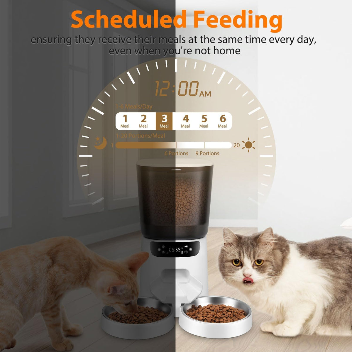Automatic Cat Feeders for Two Cats, 5L/20 Cups Double Automatic Cat Food Dispenser with 2 Stainless Bowls, Timer Setting 20 Portions 6 Meals Per Day, 10s Meal Call (Black)