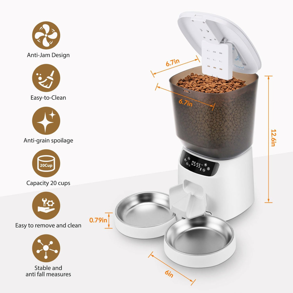 Automatic Cat Feeders for Two Cats, 5L/20 Cups Double Automatic Cat Food Dispenser with 2 Stainless Bowls, Timer Setting 20 Portions 6 Meals Per Day, 10s Meal Call (Black)