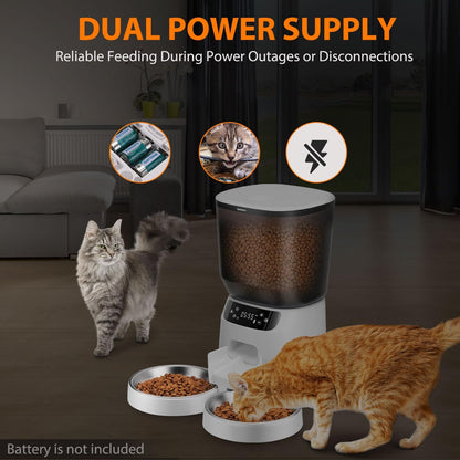 Automatic Cat Feeders for Two Cats, 5L/20 Cups Double Automatic Cat Food Dispenser with 2 Stainless Bowls, Timer Setting 20 Portions 6 Meals Per Day, 10s Meal Call (Black)