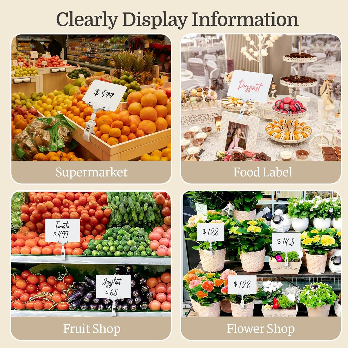 14 Pack Sign Labels Clip Holder, Plastic Food Tray Label Holder, Reusable Labels Clip on Sign Holders for Cup Bowl Pan Buffet Deli Trays Board Bake Signs