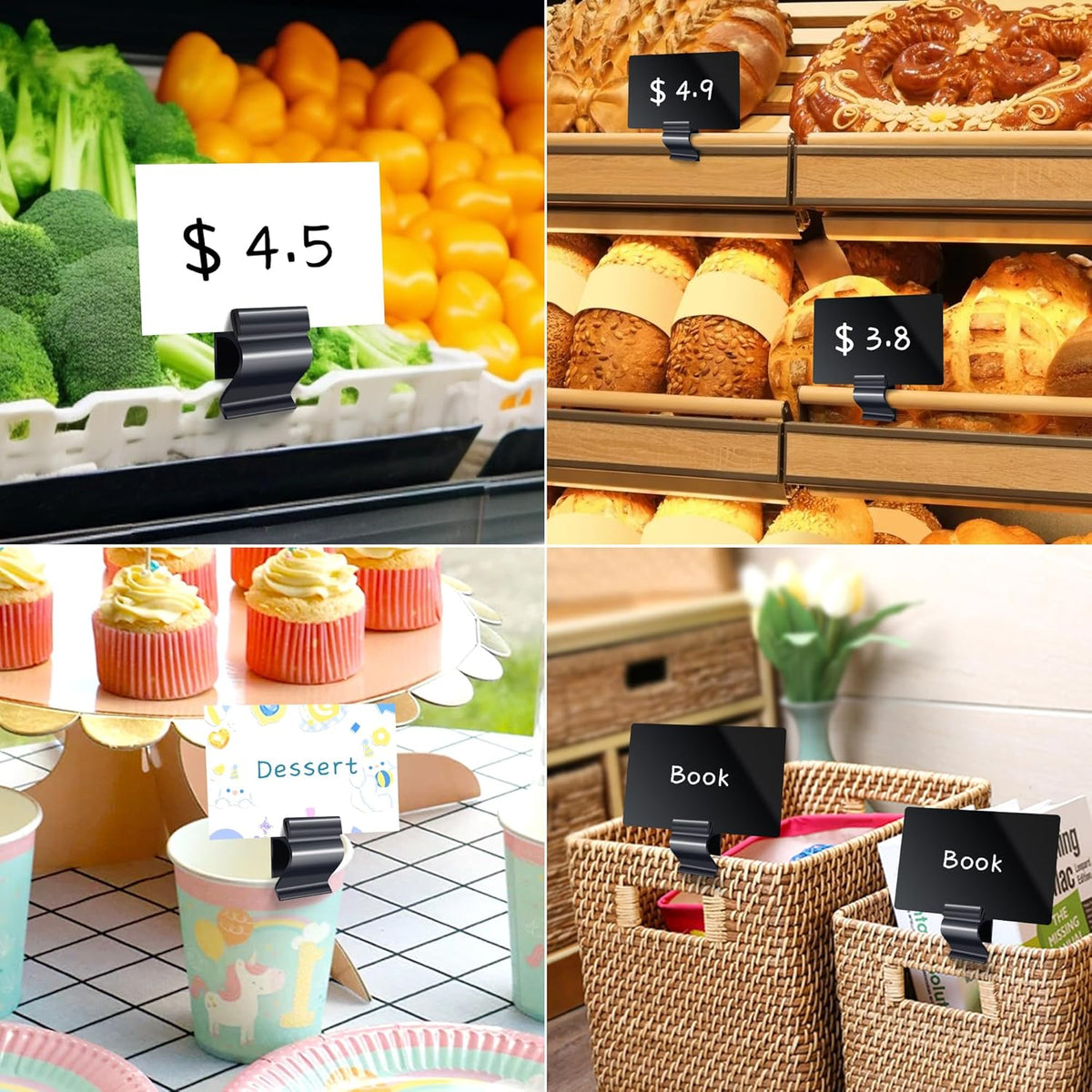 14 Pack Sign Labels Clip Holder, Plastic Food Tray Label Holder, Reusable Labels Clip on Sign Holders for Cup Bowl Pan Buffet Deli Trays Board Bake Signs