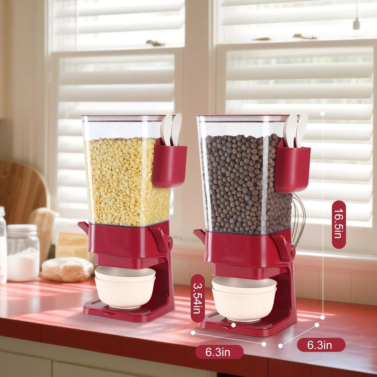 Cereal Dispenser Countertop Red 2 Pack with Creal Bowls Spoons Cutlery Box, Cereal Containers Storage - Not Easy to Crush Food, Dry Food Dispenser For Pantry Candy Snack