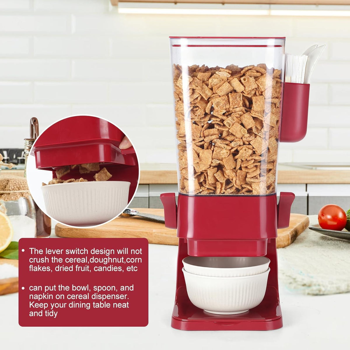 Cereal Dispenser Countertop Red 2 Pack with Creal Bowls Spoons Cutlery Box, Cereal Containers Storage - Not Easy to Crush Food, Dry Food Dispenser For Pantry Candy Snack