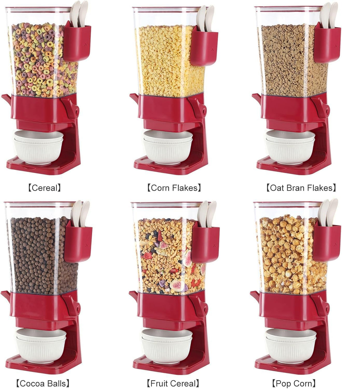 Cereal Dispenser Countertop Red 2 Pack with Creal Bowls Spoons Cutlery Box, Cereal Containers Storage - Not Easy to Crush Food, Dry Food Dispenser For Pantry Candy Snack