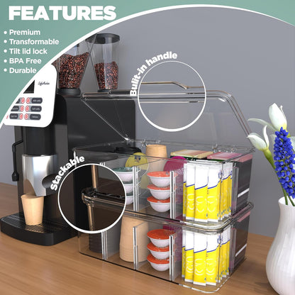 Tea Bag Organizer With Lids, Clear Pantry Storage Box - (3 Pack) Stackable Partition Organizers or Holder With Lids For Drawers, Countertops, Fridge, Kitchen, Snack & Spice Organization
