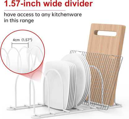 JAQ Plate Rack for Cabinet, 10.5" Vertical Dish Organizer for Plates, Pot Lids, Cutting Boards & Baking Sheets, Metal Kitchen Cabinet Organizer for Pantry Countertop (2-Pack, White)