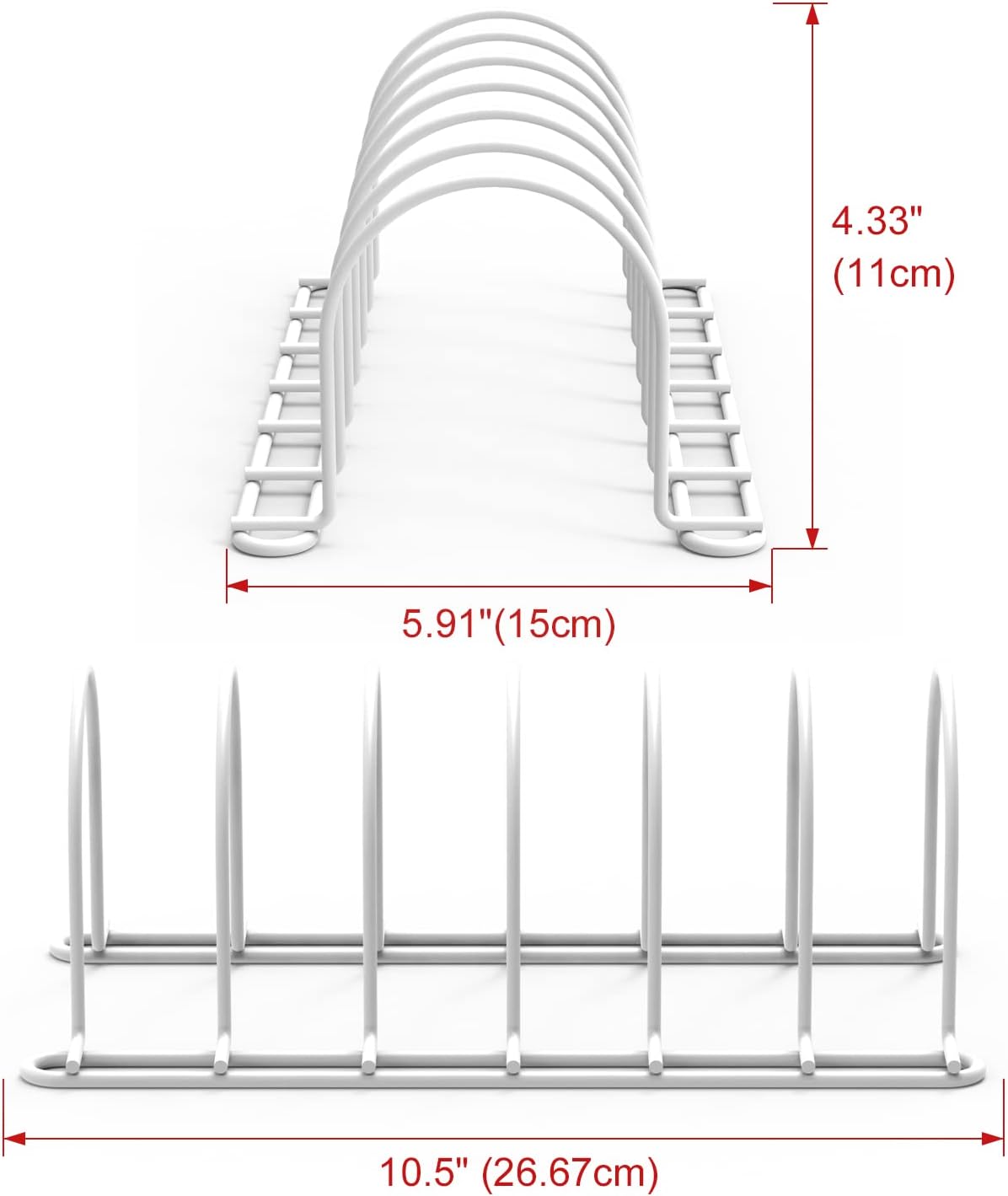 JAQ Plate Rack for Cabinet, 10.5" Vertical Dish Organizer for Plates, Pot Lids, Cutting Boards & Baking Sheets, Metal Kitchen Cabinet Organizer for Pantry Countertop (2-Pack, White)
