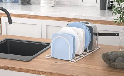 JAQ Plate Rack for Cabinet, 10.5" Vertical Dish Organizer for Plates, Pot Lids, Cutting Boards & Baking Sheets, Metal Kitchen Cabinet Organizer for Pantry Countertop (2-Pack, White)