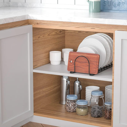 JAQ Plate Rack for Cabinet, 10.5" Vertical Dish Organizer for Plates, Pot Lids, Cutting Boards & Baking Sheets, Metal Kitchen Cabinet Organizer for Pantry Countertop (2-Pack, White)