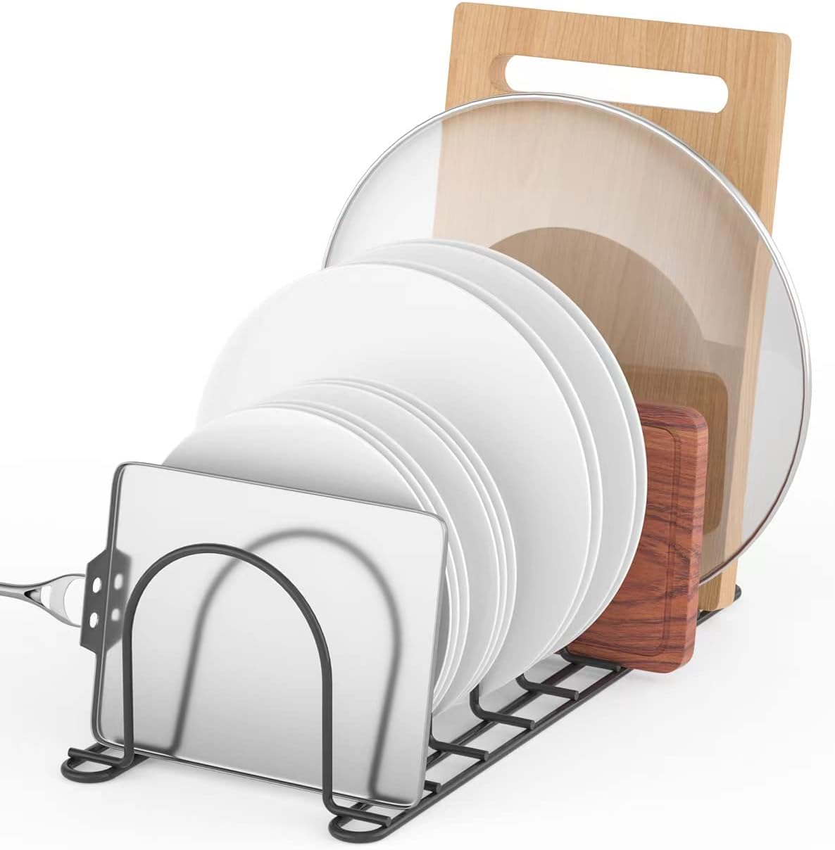 JAQ Plate Rack for Cabinet, 10.5" Vertical Dish Organizer for Plates, Pot Lids, Cutting Boards & Baking Sheets, Metal Kitchen Cabinet Organizer for Pantry Countertop (2-Pack, White)