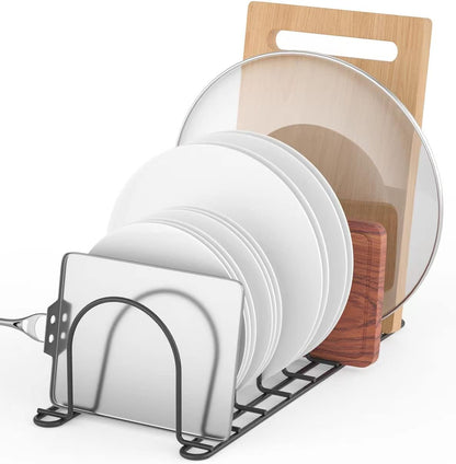 JAQ Plate Rack for Cabinet, 10.5" Vertical Dish Organizer for Plates, Pot Lids, Cutting Boards & Baking Sheets, Metal Kitchen Cabinet Organizer for Pantry Countertop (2-Pack, White)
