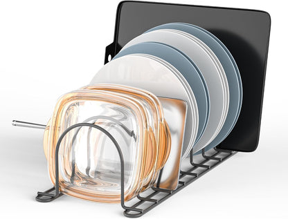 JAQ Plate Rack for Cabinet, 10.5" Vertical Dish Organizer for Plates, Pot Lids, Cutting Boards & Baking Sheets, Metal Kitchen Cabinet Organizer for Pantry Countertop (2-Pack, White)