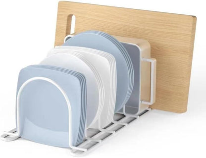 JAQ Plate Rack for Cabinet, 10.5" Vertical Dish Organizer for Plates, Pot Lids, Cutting Boards & Baking Sheets, Metal Kitchen Cabinet Organizer for Pantry Countertop (2-Pack, White)