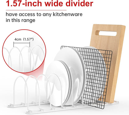 JAQ Plate Rack for Cabinet, 10.5" Vertical Dish Organizer for Plates, Pot Lids, Cutting Boards & Baking Sheets, Metal Kitchen Cabinet Organizer for Pantry Countertop (2-Pack, White)