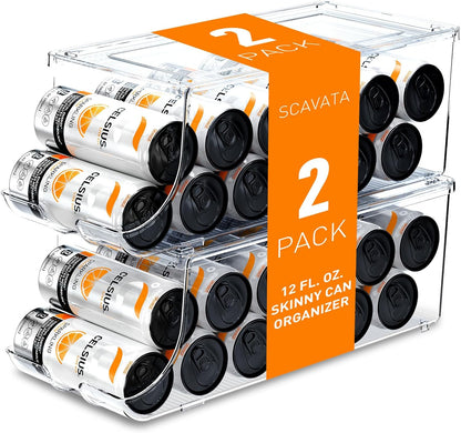 SCAVATA 2 Pack Skinny Can Organizer for Refrigerator, Stackable Tall Skinny Soda Pop Can Holder Dispenser with Lid for Fridge Pantry Rack Freezer, Clear Plastic Storage Bins-Holds 12 Slim Cans Each
