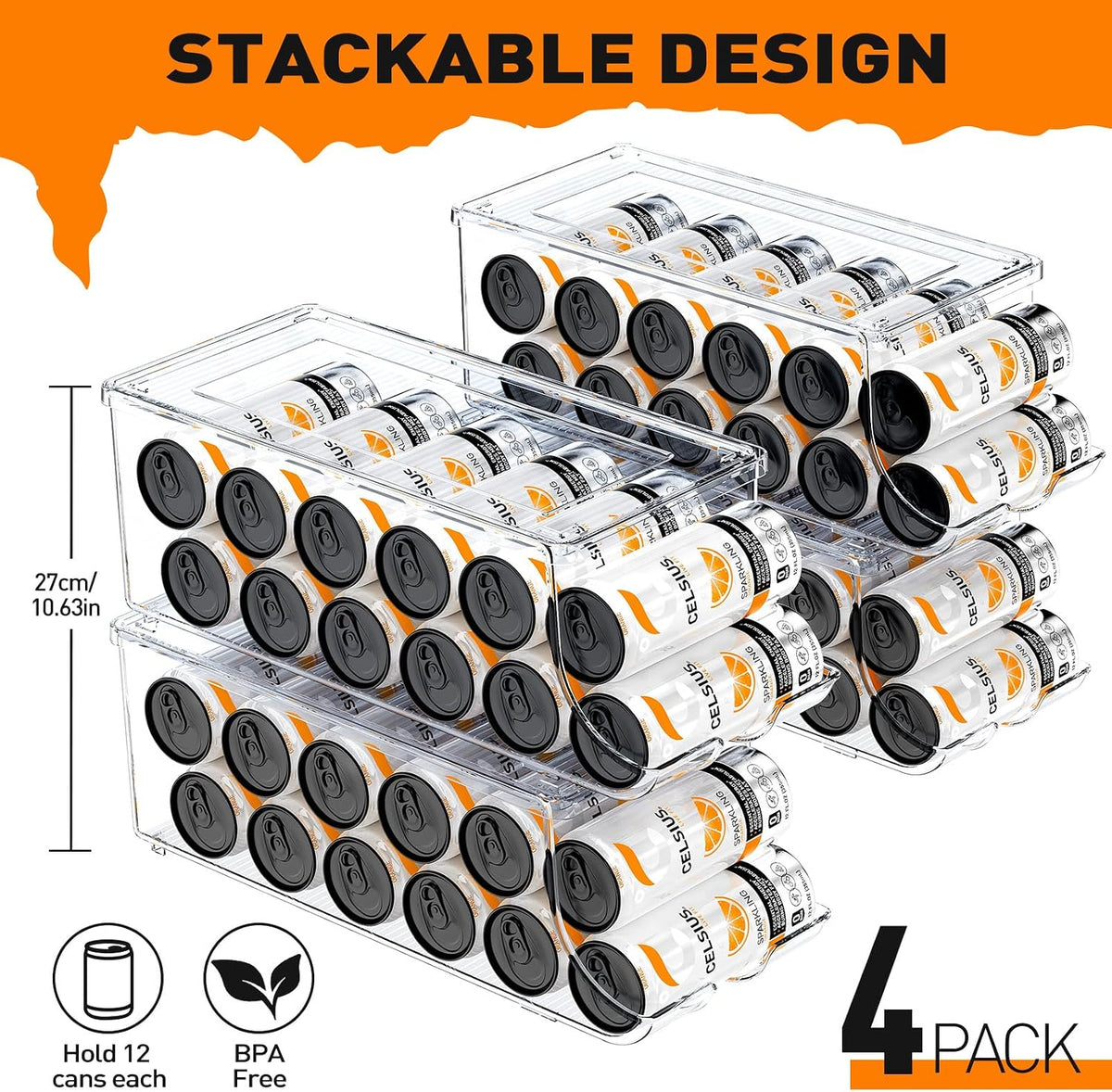 SCAVATA 2 Pack Skinny Can Organizer for Refrigerator, Stackable Tall Skinny Soda Pop Can Holder Dispenser with Lid for Fridge Pantry Rack Freezer, Clear Plastic Storage Bins-Holds 12 Slim Cans Each