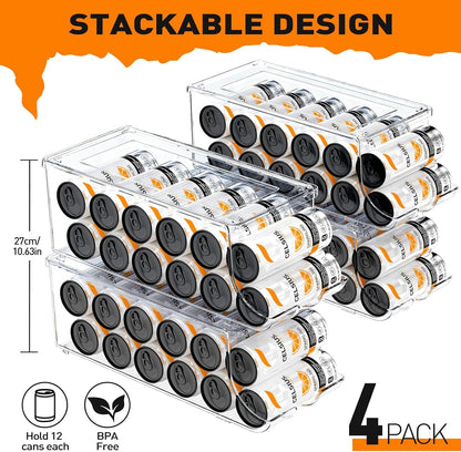 SCAVATA 2 Pack Skinny Can Organizer for Refrigerator, Stackable Tall Skinny Soda Pop Can Holder Dispenser with Lid for Fridge Pantry Rack Freezer, Clear Plastic Storage Bins-Holds 12 Slim Cans Each