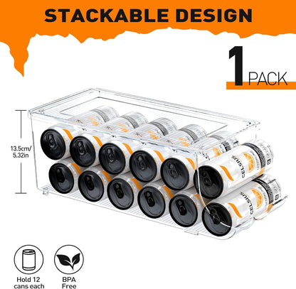 SCAVATA 2 Pack Skinny Can Organizer for Refrigerator, Stackable Tall Skinny Soda Pop Can Holder Dispenser with Lid for Fridge Pantry Rack Freezer, Clear Plastic Storage Bins-Holds 12 Slim Cans Each