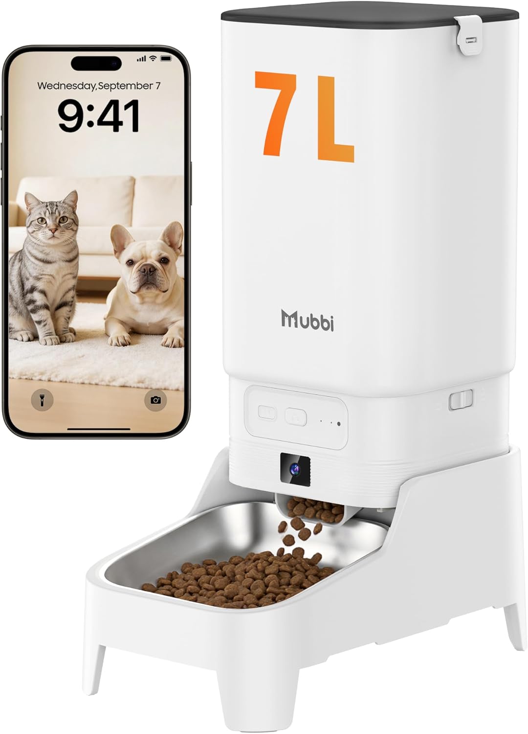 Automatic Dog Feeder with Elevated Stand - 7L Cat Food Dispenser with Large Food Tray, Timed Auto Cat Feeder for Dry Food, 6 Meals Per Day, No-Jam, Freshness Design, Detachable for Easy Clean