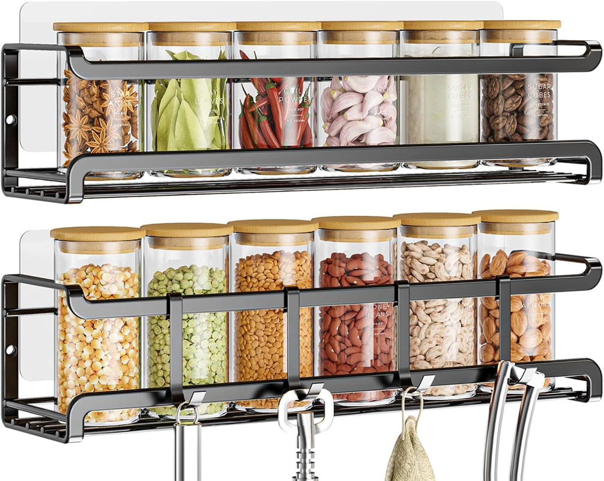 Spice Rack Wall Mounted, Black,For Spice Jars & Seasonings | 4 Removalble Hooks,Screw or Adhesive Hanging, Space-Saving,For Kitchen Cabinet, Pantry Door,Stove,RV Use,11.41x2.75x2.75in