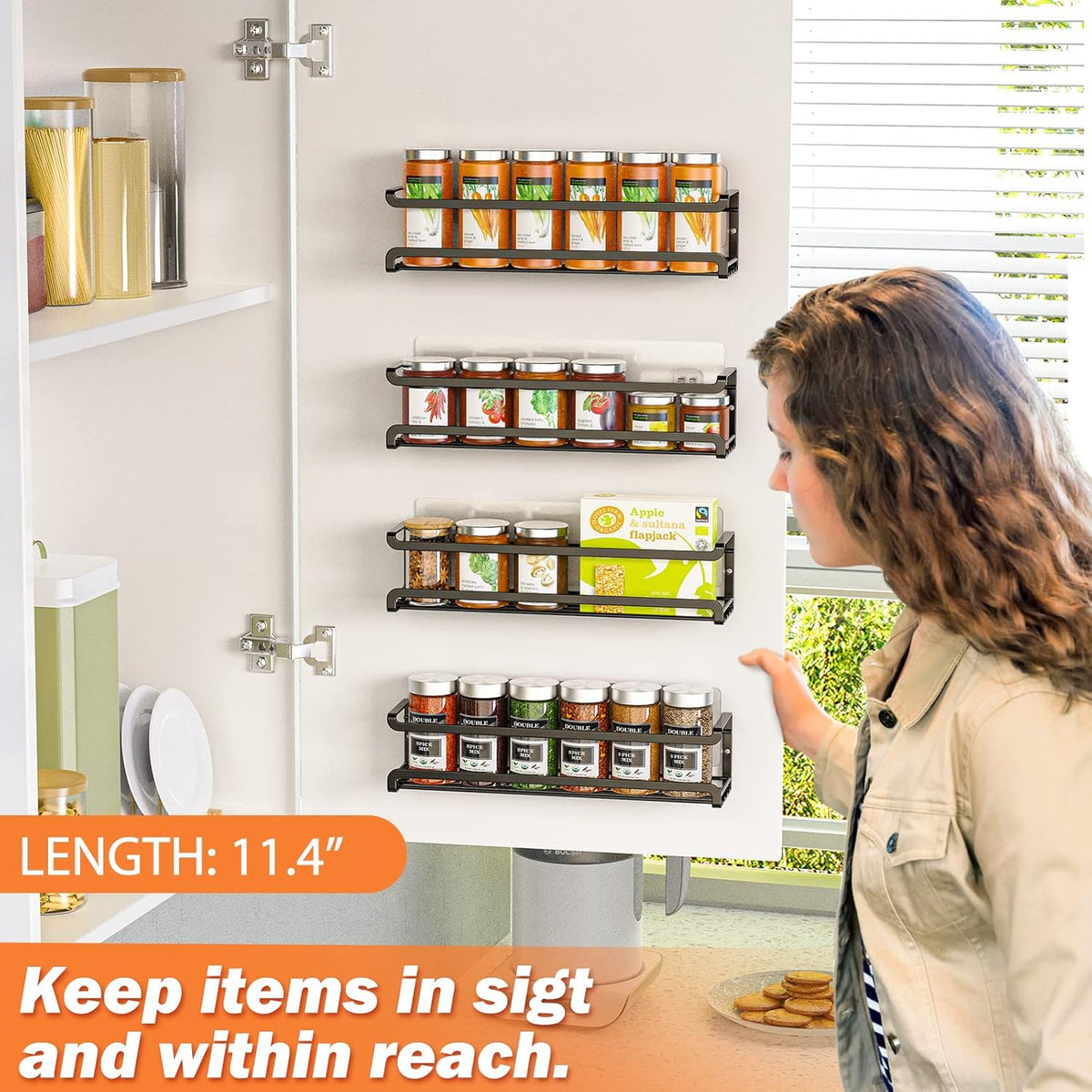 Spice Rack Wall Mounted, Black,For Spice Jars & Seasonings | 4 Removalble Hooks,Screw or Adhesive Hanging, Space-Saving,For Kitchen Cabinet, Pantry Door,Stove,RV Use,11.41x2.75x2.75in