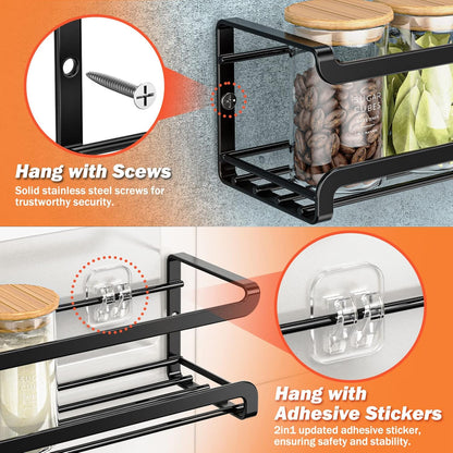 Spice Rack Wall Mounted, Black,For Spice Jars & Seasonings | 4 Removalble Hooks,Screw or Adhesive Hanging, Space-Saving,For Kitchen Cabinet, Pantry Door,Stove,RV Use,11.41x2.75x2.75in