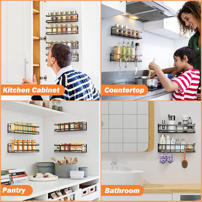 Spice Rack Wall Mounted, Black,For Spice Jars & Seasonings | 4 Removalble Hooks,Screw or Adhesive Hanging, Space-Saving,For Kitchen Cabinet, Pantry Door,Stove,RV Use,11.41x2.75x2.75in