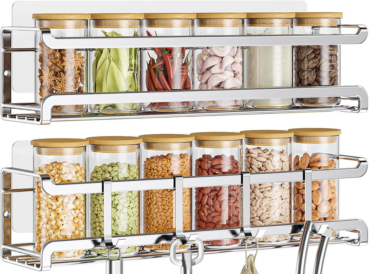 Spice Rack Wall Mounted, Black,For Spice Jars & Seasonings | 4 Removalble Hooks,Screw or Adhesive Hanging, Space-Saving,For Kitchen Cabinet, Pantry Door,Stove,RV Use,11.41x2.75x2.75in
