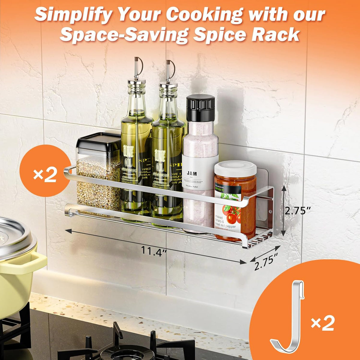 Spice Rack Wall Mounted, Black,For Spice Jars & Seasonings | 4 Removalble Hooks,Screw or Adhesive Hanging, Space-Saving,For Kitchen Cabinet, Pantry Door,Stove,RV Use,11.41x2.75x2.75in