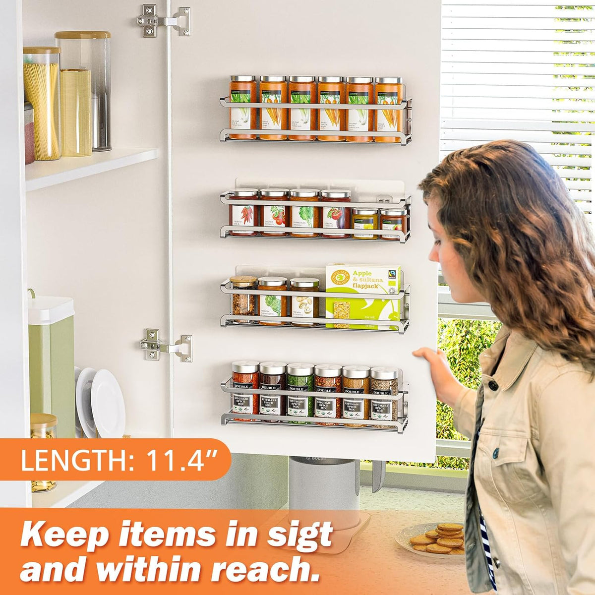 Spice Rack Wall Mounted, Black,For Spice Jars & Seasonings | 4 Removalble Hooks,Screw or Adhesive Hanging, Space-Saving,For Kitchen Cabinet, Pantry Door,Stove,RV Use,11.41x2.75x2.75in