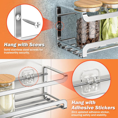 Spice Rack Wall Mounted, Black,For Spice Jars & Seasonings | 4 Removalble Hooks,Screw or Adhesive Hanging, Space-Saving,For Kitchen Cabinet, Pantry Door,Stove,RV Use,11.41x2.75x2.75in