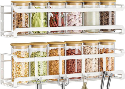 Spice Rack Wall Mounted, Black,For Spice Jars & Seasonings | 4 Removalble Hooks,Screw or Adhesive Hanging, Space-Saving,For Kitchen Cabinet, Pantry Door,Stove,RV Use,11.41x2.75x2.75in