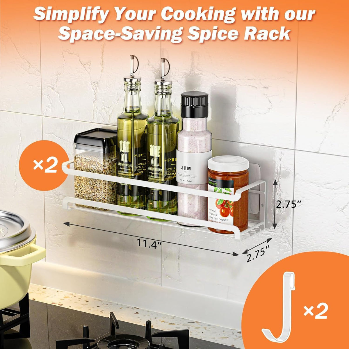 Spice Rack Wall Mounted, Black,For Spice Jars & Seasonings | 4 Removalble Hooks,Screw or Adhesive Hanging, Space-Saving,For Kitchen Cabinet, Pantry Door,Stove,RV Use,11.41x2.75x2.75in